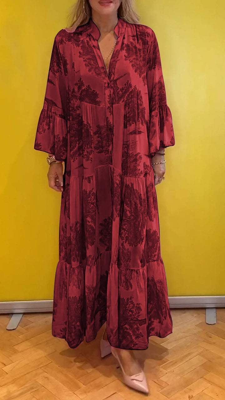 Robe d'été pour femme avec col en V et motif forêt Robe longue