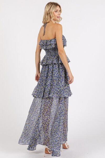 Maxikleid mit gerafftem Smocked-Blumenmuster und Neckholder von Mittoshop