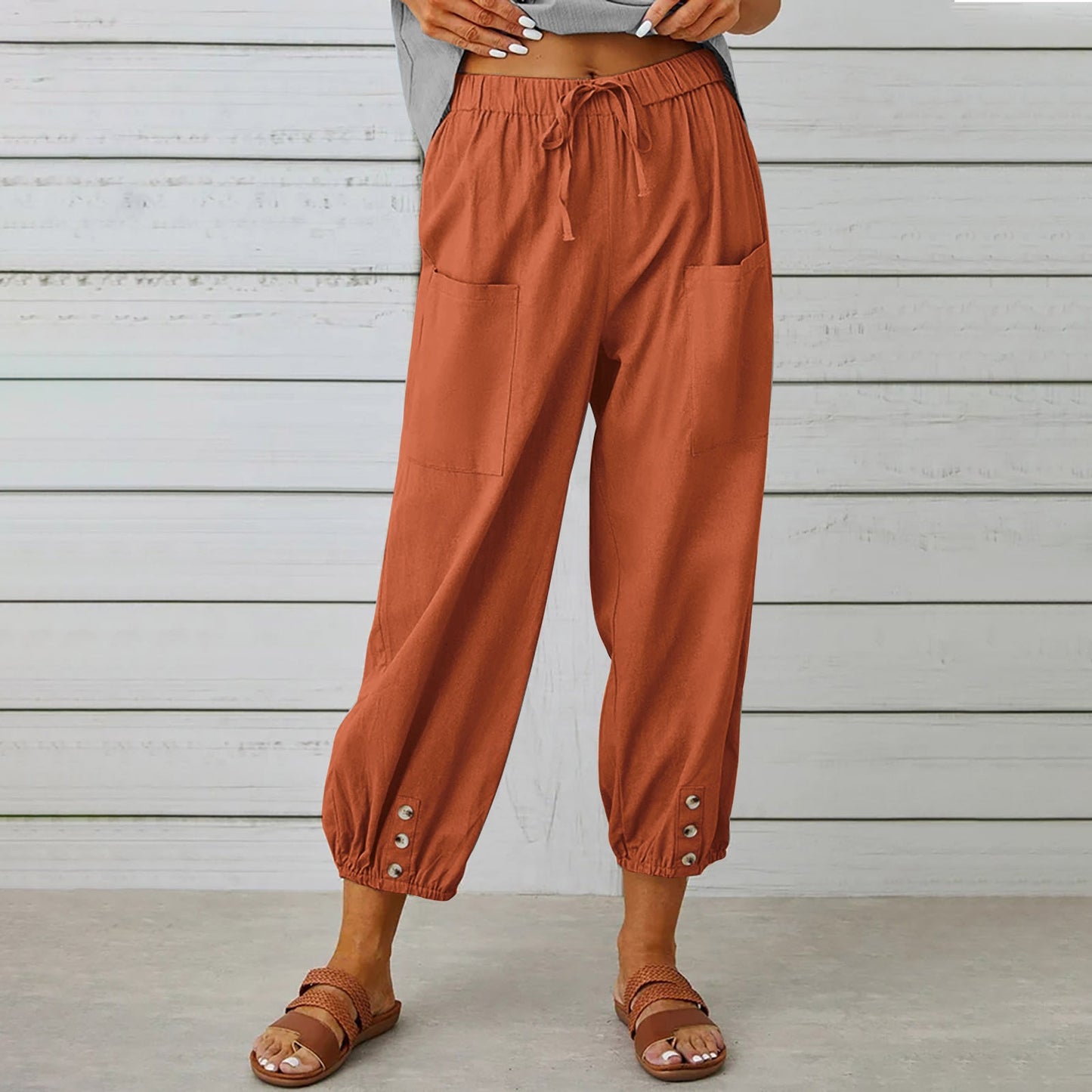 Pantalon femme Pantalon taille haute boutonné en coton et chanvre pantalon neuf points jambes larges