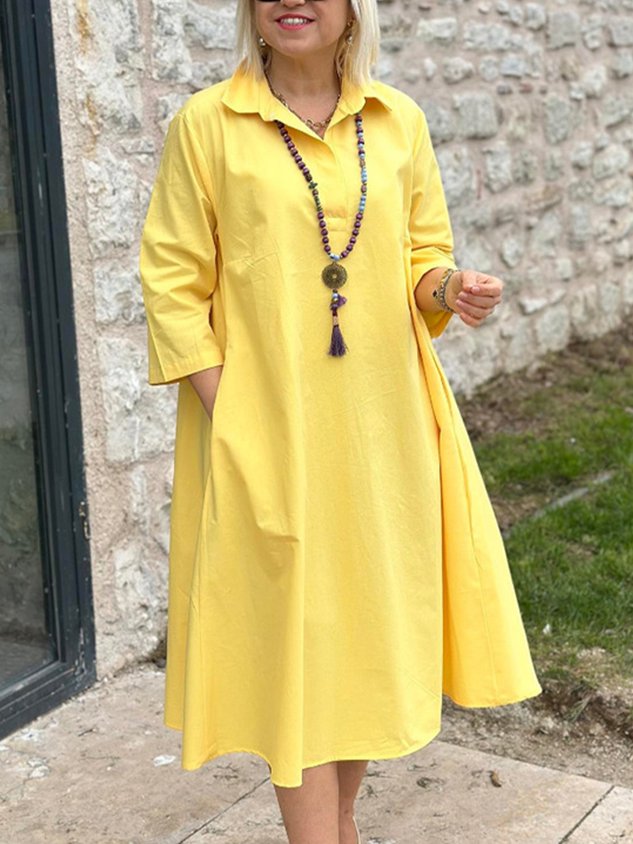 Robe longue décontractée à col chemise uni