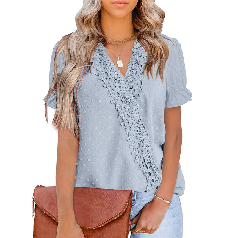 Chemise Chiffon Balle Dentelle Col V Manches Courtes