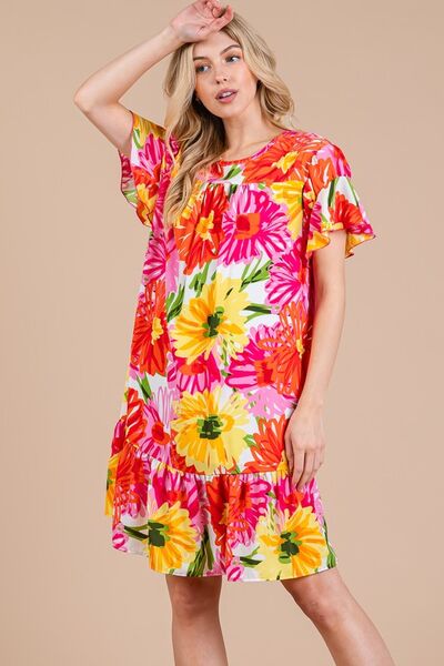 Ces Femme Geblümtes Rüschen-Kurzarmkleid