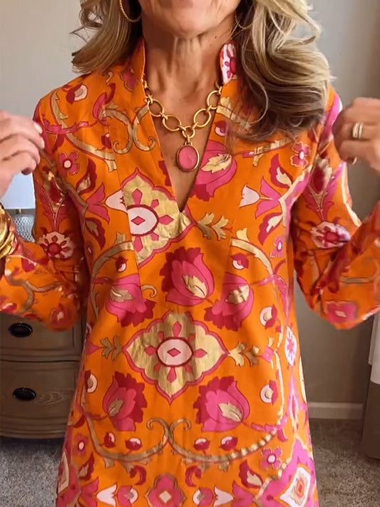 Neu🔥 Frühling V-Ausschnitt Kleid mit Folienprint