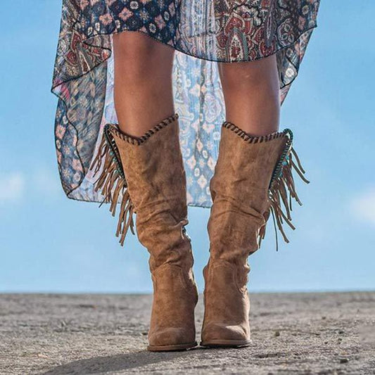 Bottes Hautes Frangées Vintage à Talons Carrés pour Femmes