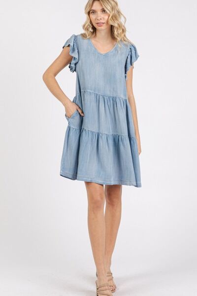 Mittoshop V-Ausschnitt Rüschen-Minikleid mit kurzen Ärmeln