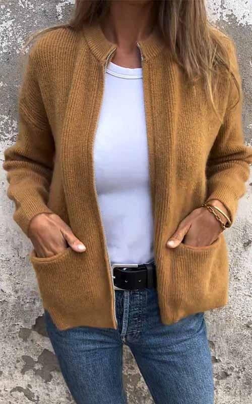 Räumungsverkauf🔥 Strickjacke mit Rundhalsausschnitt und Reißverschluss