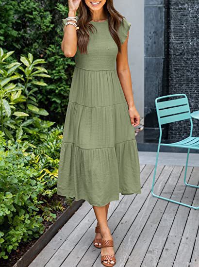 Robe midi décontractée d'été à manches courtes fluides pour femme