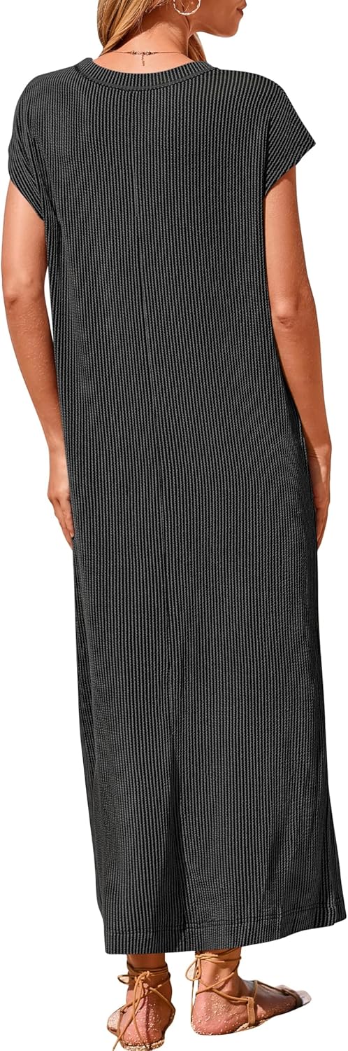 Robe longue fendue boutonnée Henley côtelée pour femme (achetez-en 2, livraison gratuite)