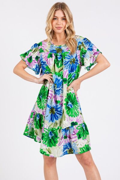 Ces Femme Geblümtes Rüschen-Kurzarmkleid