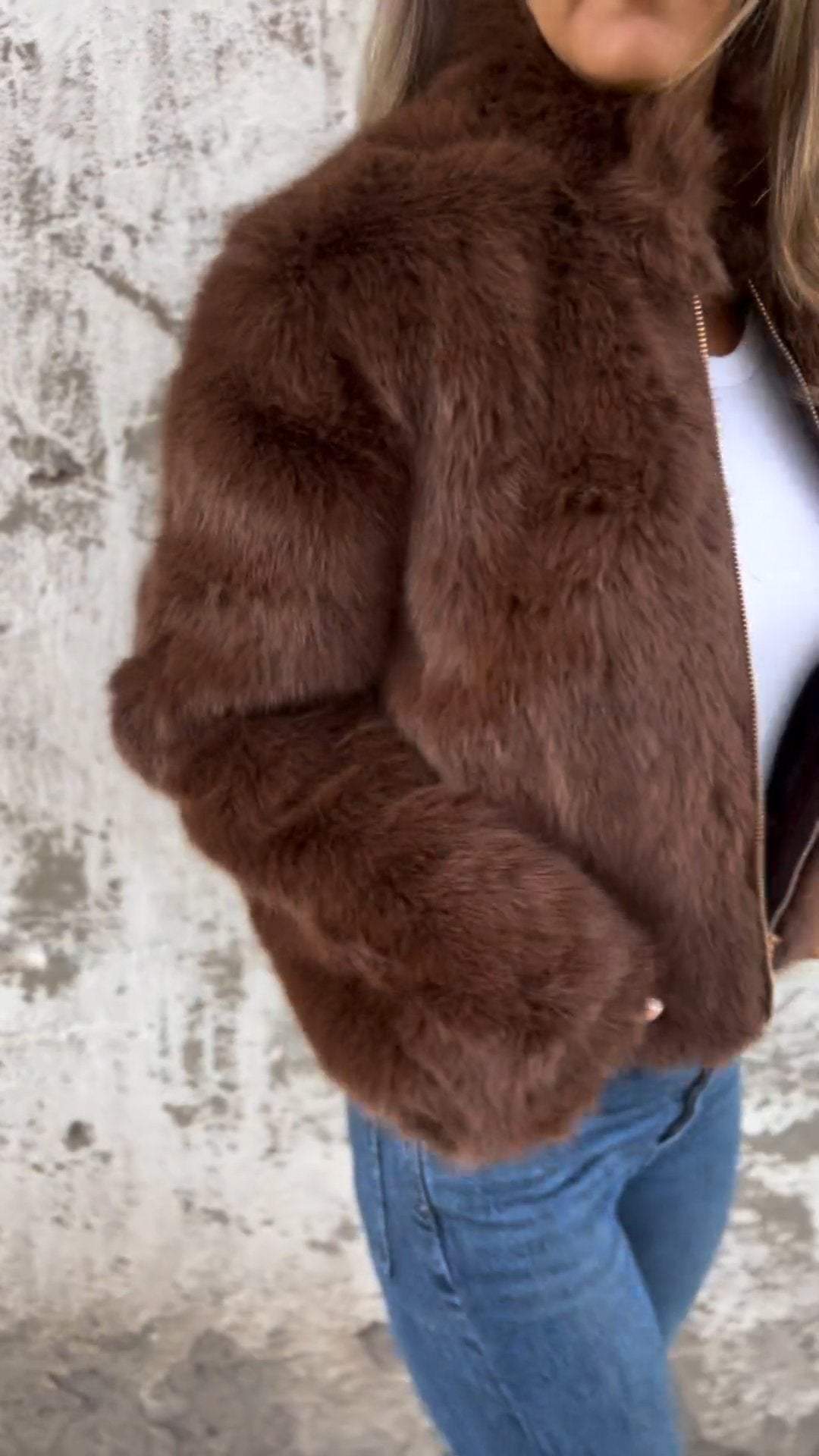 Veste décontractée zippée en fausse fourrure à col montant pour femme
