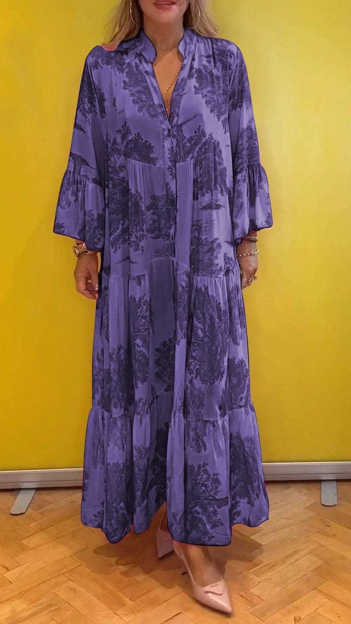 Robe d'été pour femme avec col en V et motif forêt Robe longue