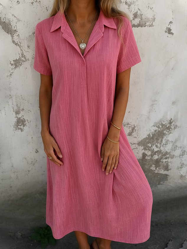 Robe longue décontractée quotidienne coupe trapèze à col chemise et manches courtes unie pour femme (achetez-en 2, livraison gratuite)