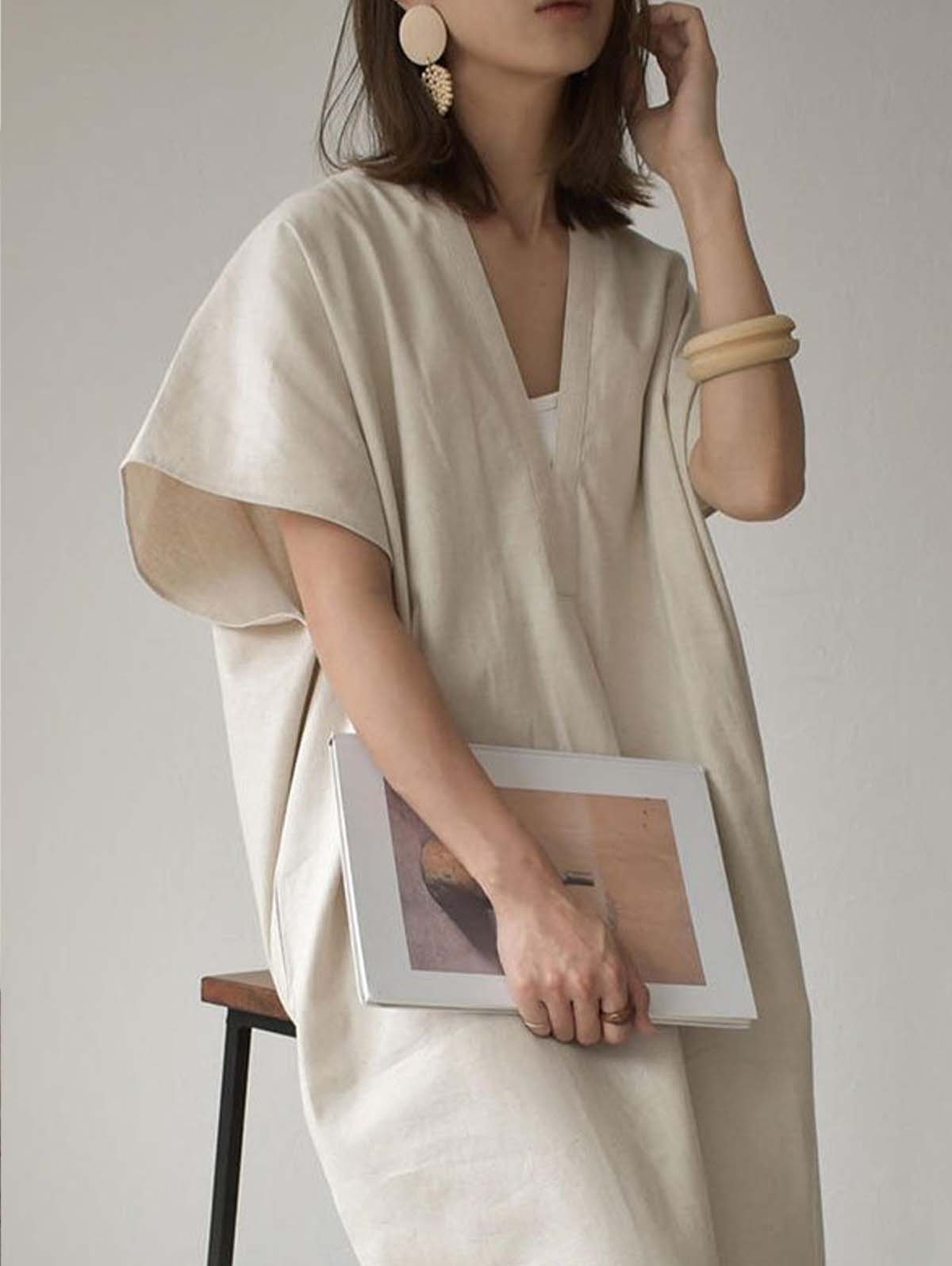 Robe longue fendue à manches chauve-souris, noire et beige, simple