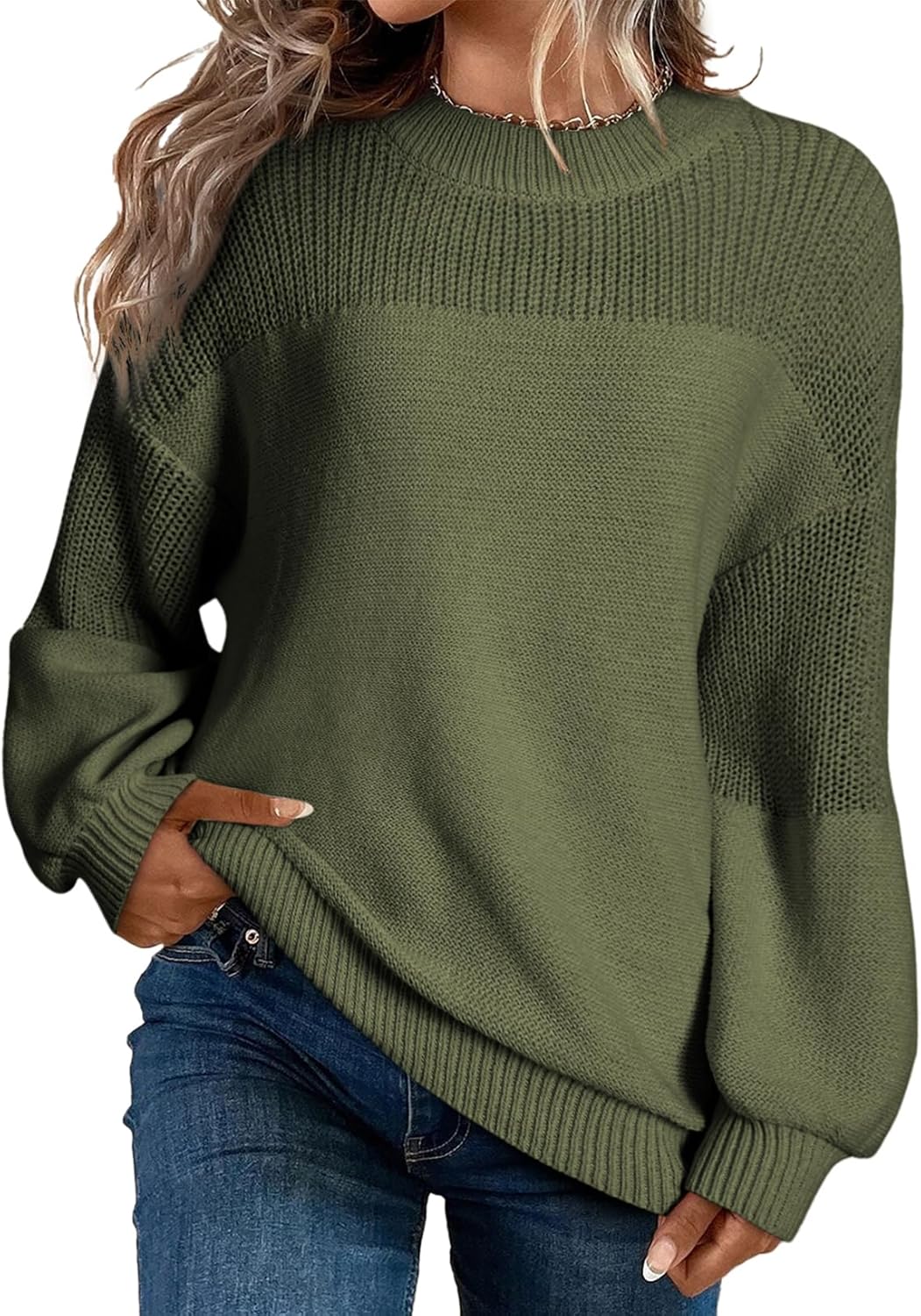 Pull décontracté à manches longues et col rond en tricot de couleur unie pour femme