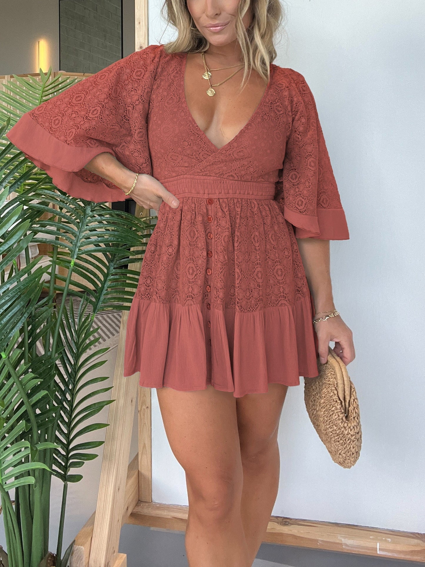 Damen Spitzen-Häkel-Romper-Kleid mit integrierten Shorts (2 kaufen, kostenloser Versand)