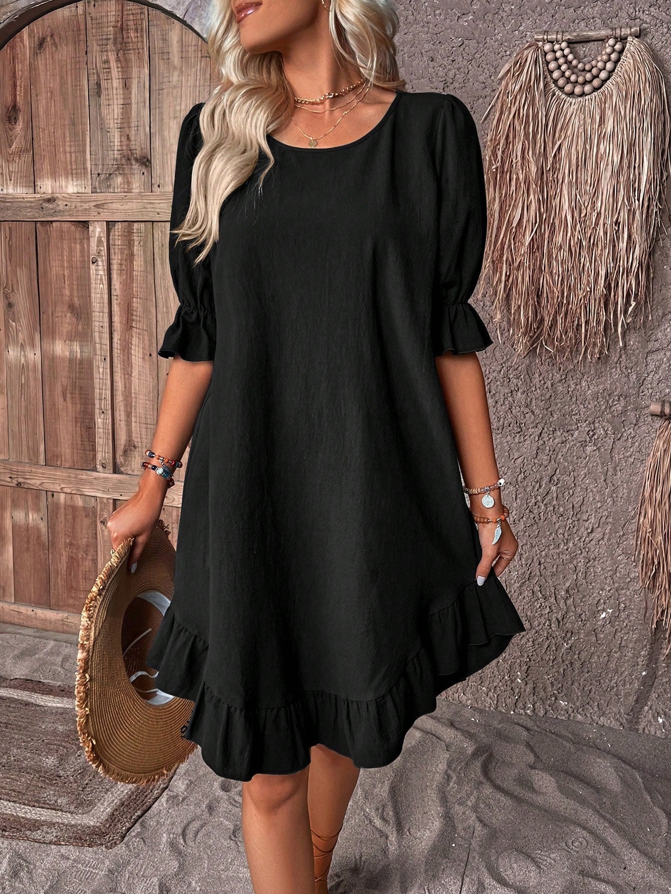 Robe smockée unie à manches bouffantes et ourlet volanté (2 articles achetés, livraison offerte)