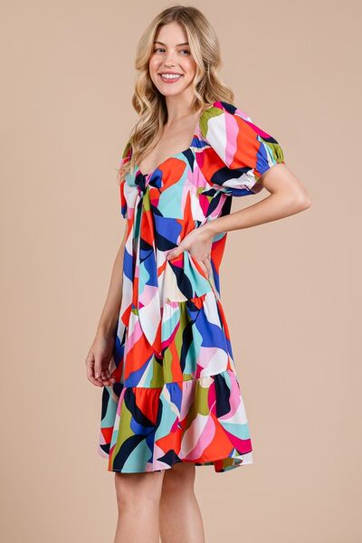 Robe Femme Imprimé Abstrait Col Cœur Manches Bouffantes