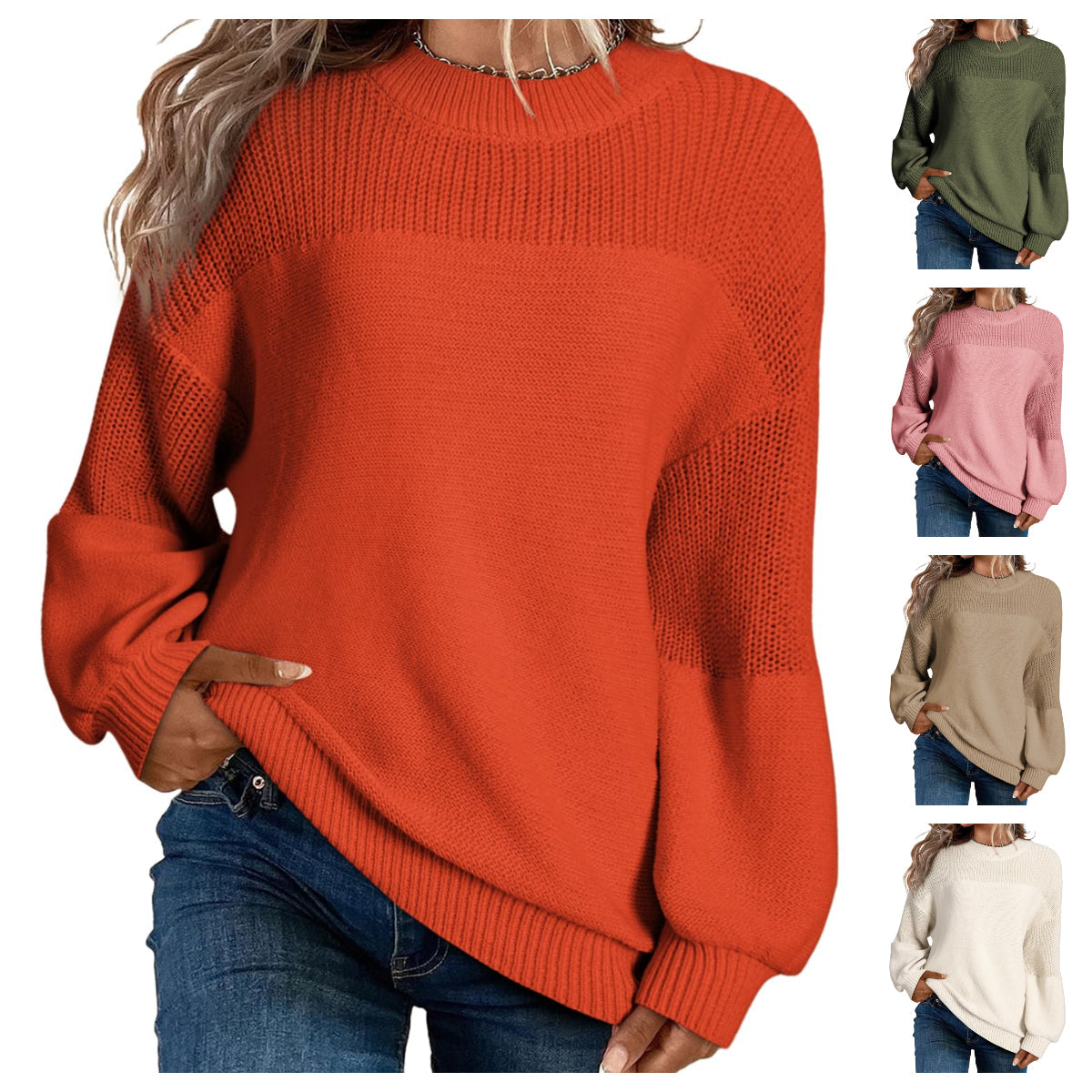 Pull décontracté à manches longues et col rond en tricot de couleur unie pour femme