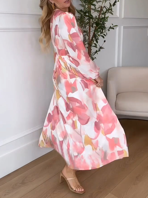 NEU🔥 Langärmeliges bedrucktes Kleid mit elastischer Taille