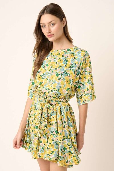 Mittoshop Robe courte à manches mi-longues, taille nouée et motif floral