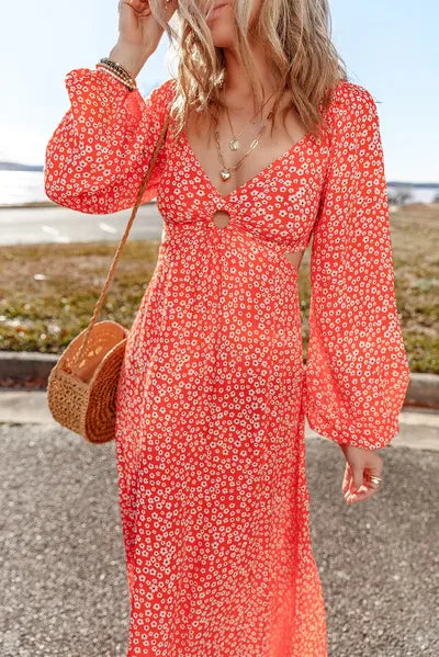 Bedrucktes V-Ausschnitt Langarm-Midikleid