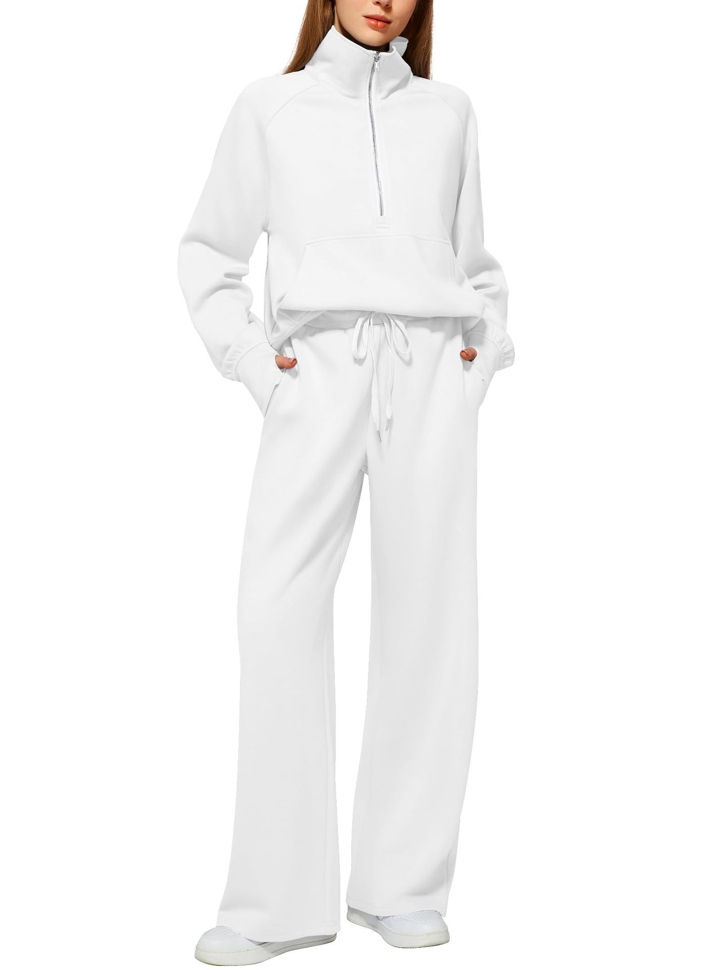 VENTE DE LIQUIDATION🔥 Ensemble deux pièces en coton de couleur unie avec demi-zip pour femme