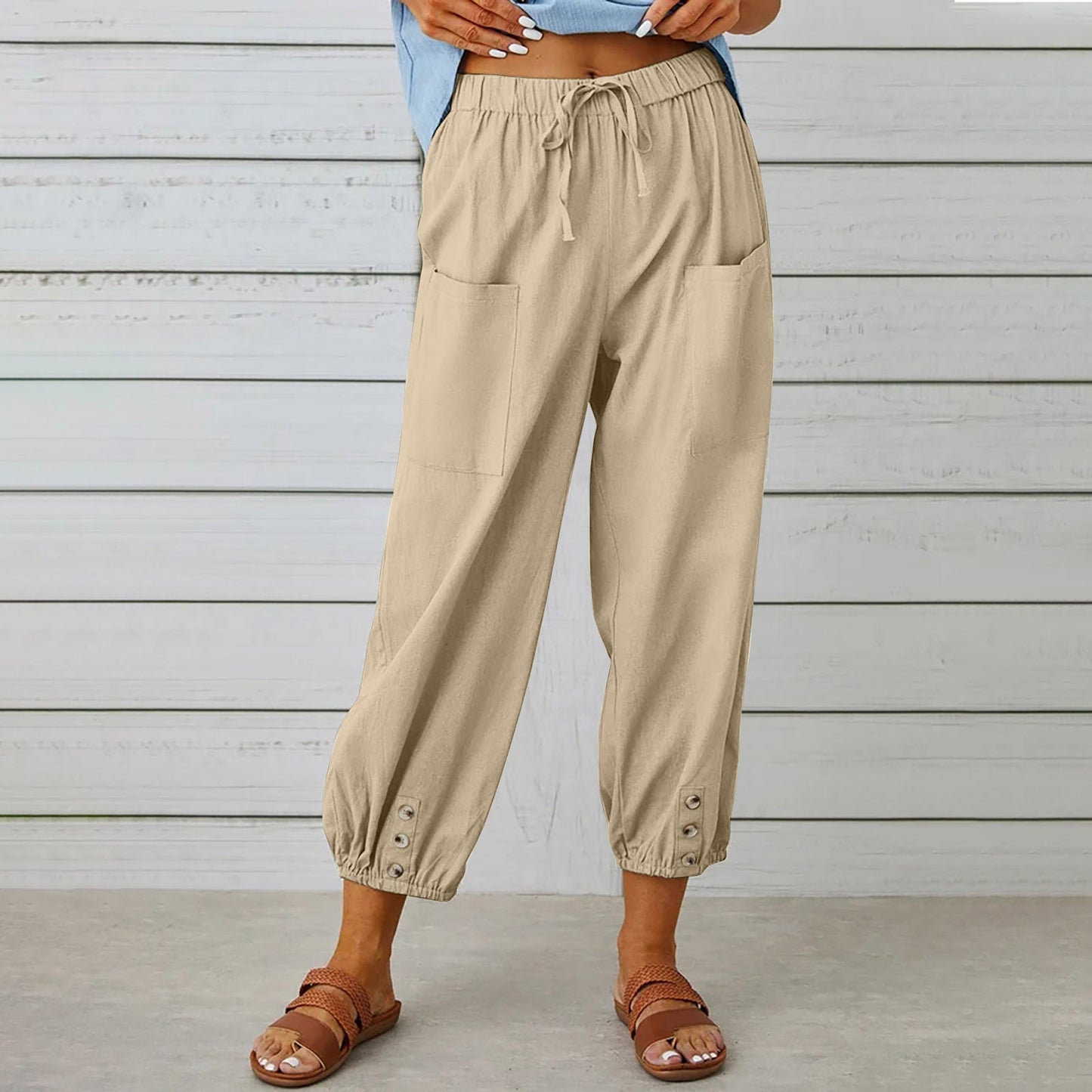 Pantalon femme Pantalon taille haute boutonné en coton et chanvre pantalon neuf points jambes larges