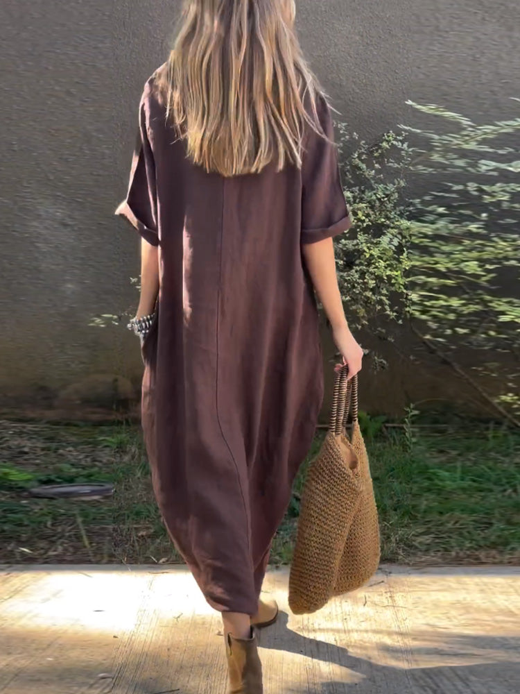 Robe décontractée unie en coton et lin pour femme