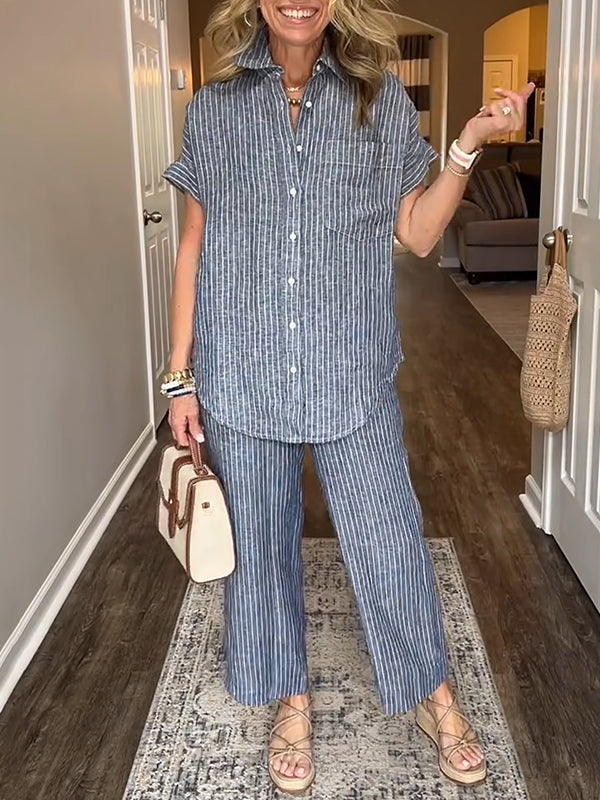 ⏰ DERNIER JOUR -50% 💥Ensemble chemise rayée classique en coton et lin avec poches
