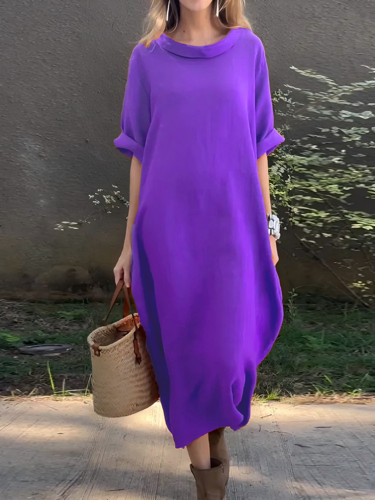 Robe décontractée unie en coton et lin pour femme