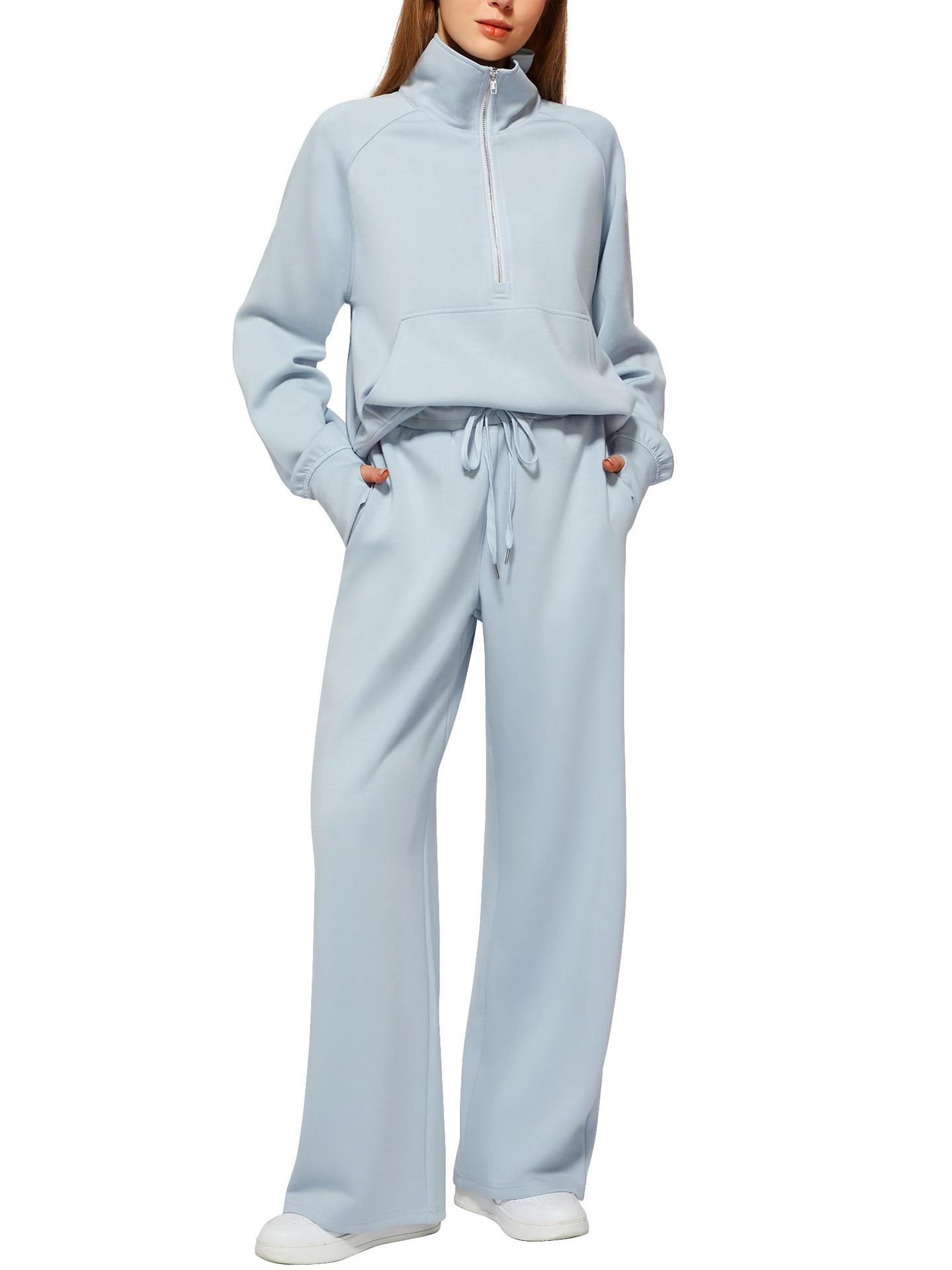 VENTE DE LIQUIDATION🔥 Ensemble deux pièces en coton de couleur unie avec demi-zip pour femme