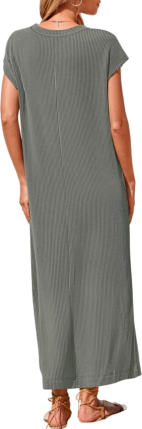 Robe longue fendue boutonnée Henley côtelée pour femme (achetez-en 2, livraison gratuite)