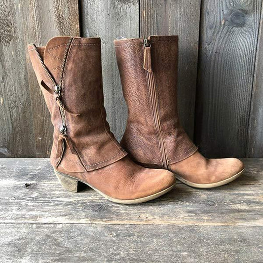 Bottes en cuir à talons carrés moyens avec fermeture éclair latérale pour femme