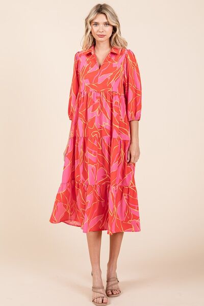 Mittoshop Gestuftes bedrucktes Midikleid mit Kragen