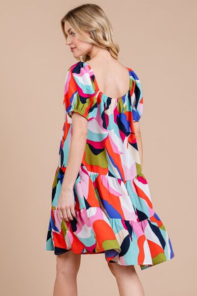 Robe Femme Imprimé Abstrait Col Cœur Manches Bouffantes
