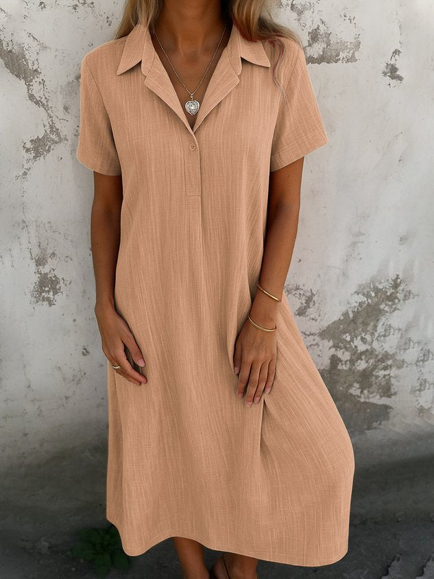 Robe longue décontractée quotidienne coupe trapèze à col chemise et manches courtes unie pour femme (achetez-en 2, livraison gratuite)