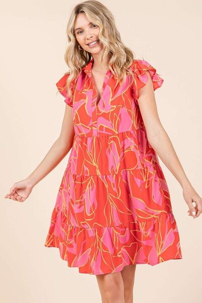 Mittoshop Minikleid mit Blätterdruck, Volantärmeln und Stufenrock