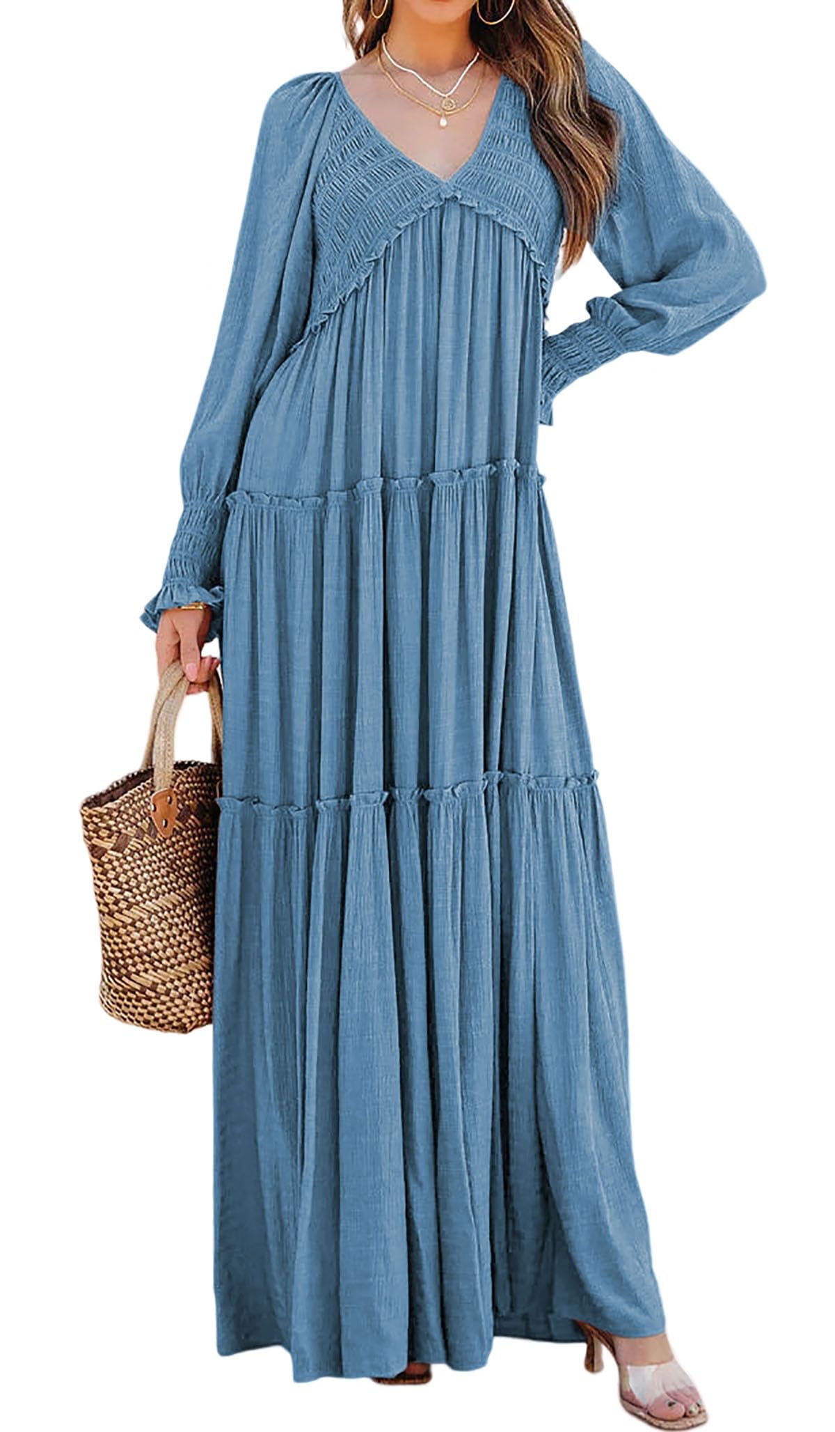 Robes longues amples bohèmes à col en V et manches longues pour femmes (achetez-en 2, livraison gratuite)