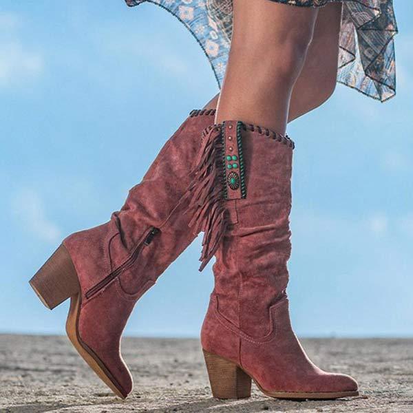 Bottes Hautes Frangées Vintage à Talons Carrés pour Femmes