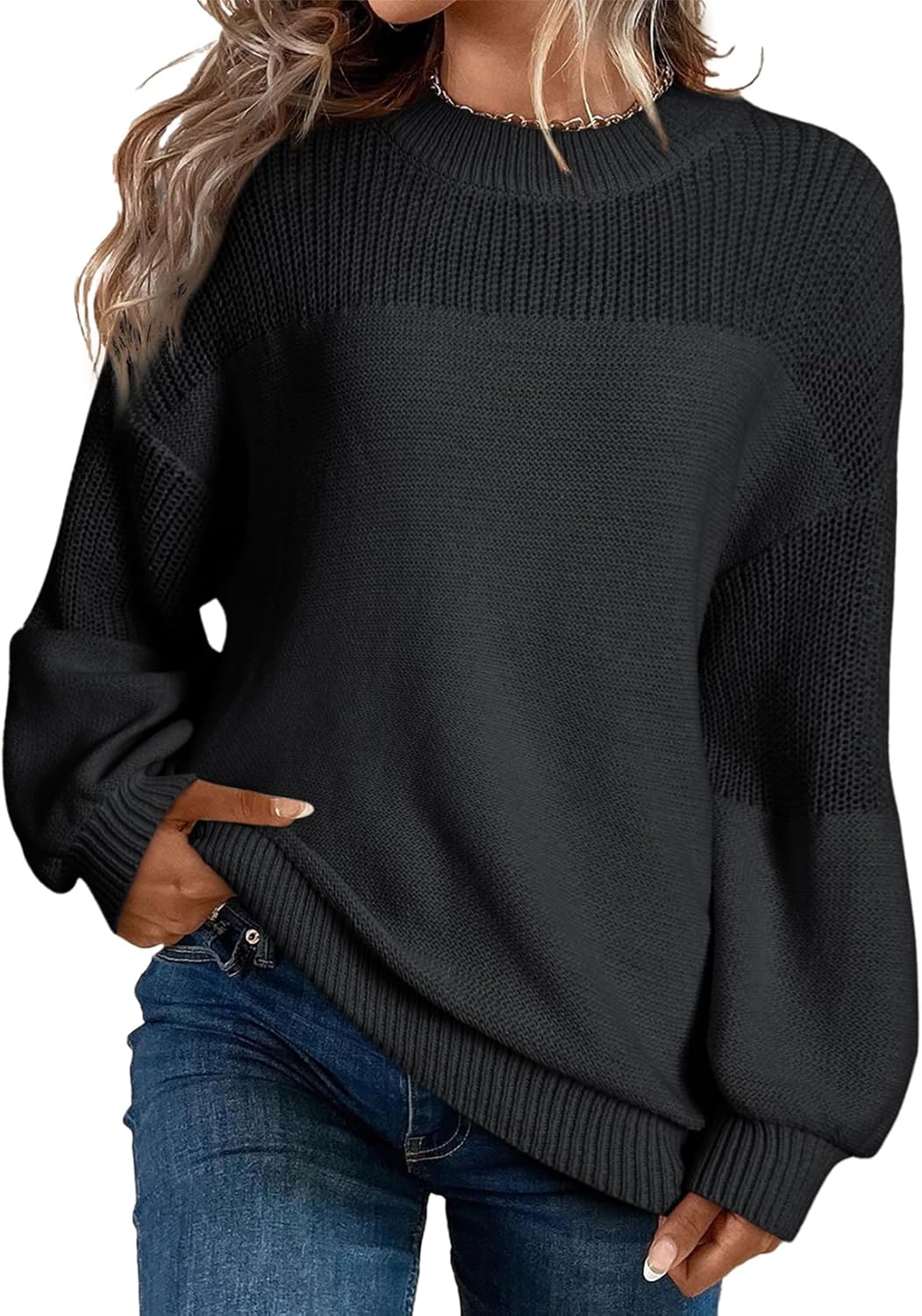Pull décontracté à manches longues et col rond en tricot de couleur unie pour femme