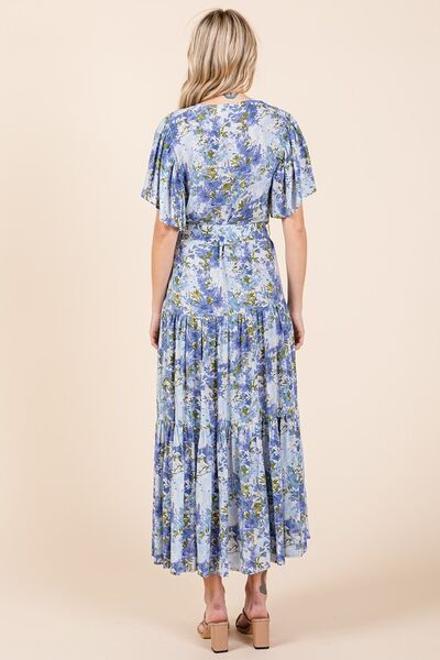 Robe étagée à manches courtes et taille nouée à motif floral Mittoshop
