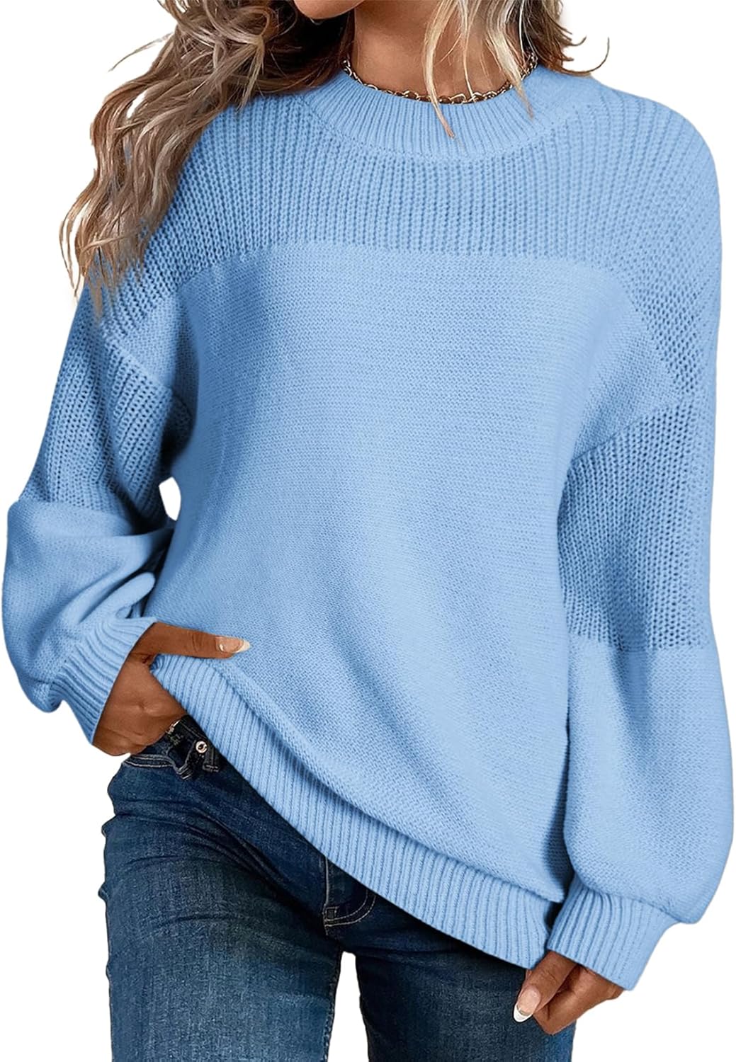Pull décontracté à manches longues et col rond en tricot de couleur unie pour femme