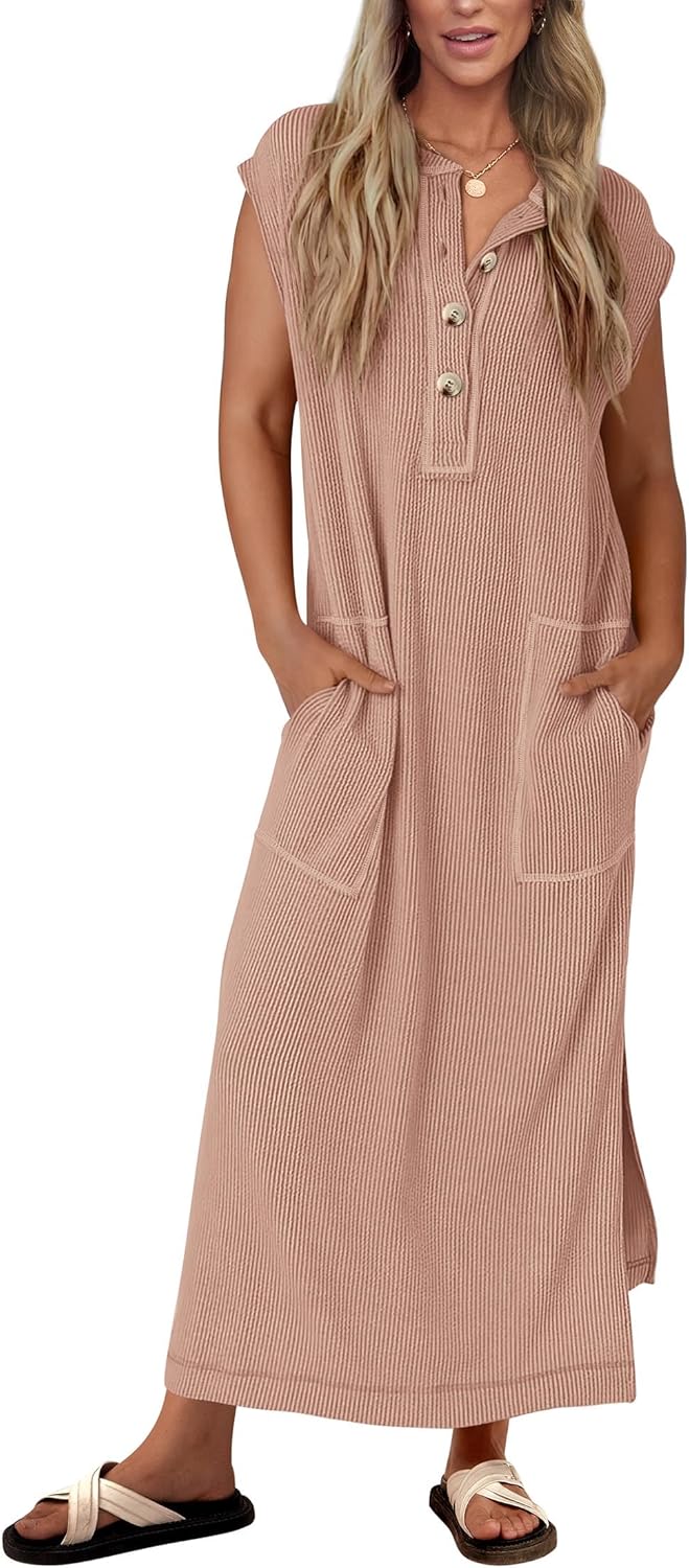Robe longue fendue boutonnée Henley côtelée pour femme (achetez-en 2, livraison gratuite)