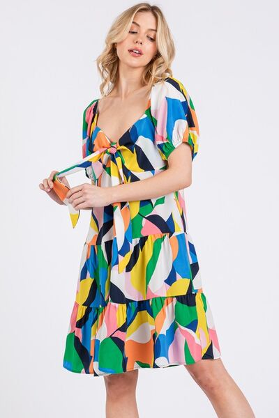 Robe Ces Femme à col en cœur, manches bouffantes et imprimé abstrait
