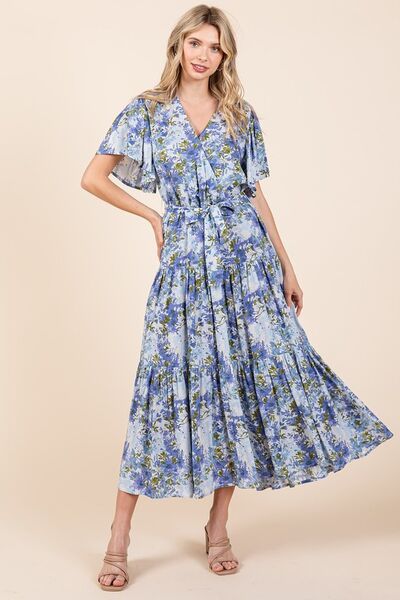 Robe étagée à manches courtes et taille nouée à motif floral Mittoshop