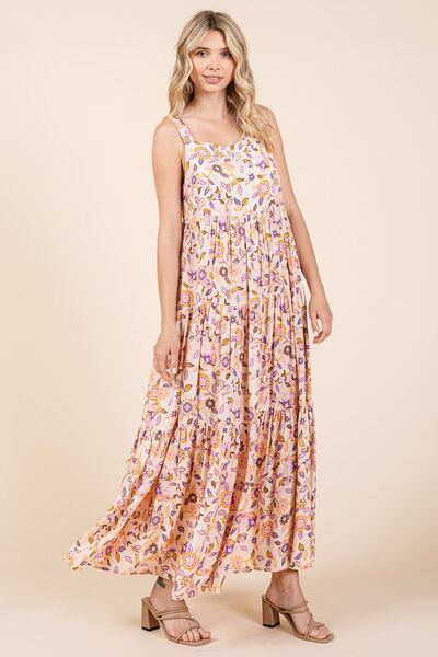 Mittoshop Geblümtes, gestuftes, ärmelloses Empire-Maxikleid