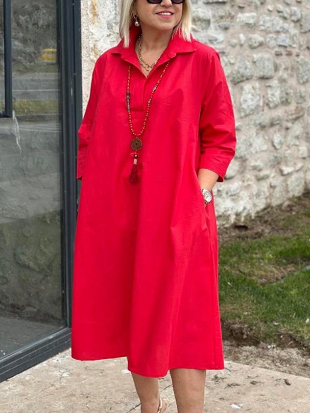 Robe longue décontractée à col chemise uni