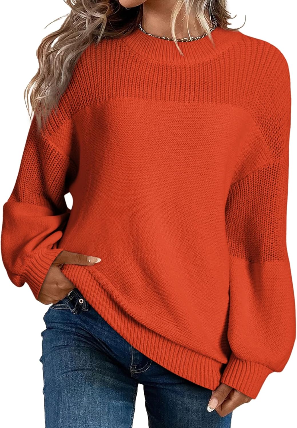 Pull décontracté à manches longues et col rond en tricot de couleur unie pour femme