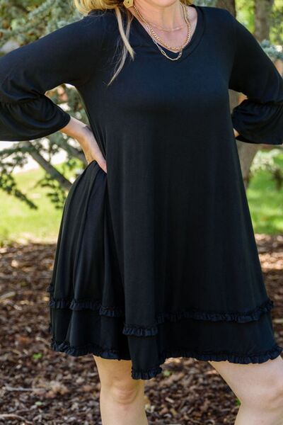 Große Größen Kleid mit Rüschensaum und Volantärmeln