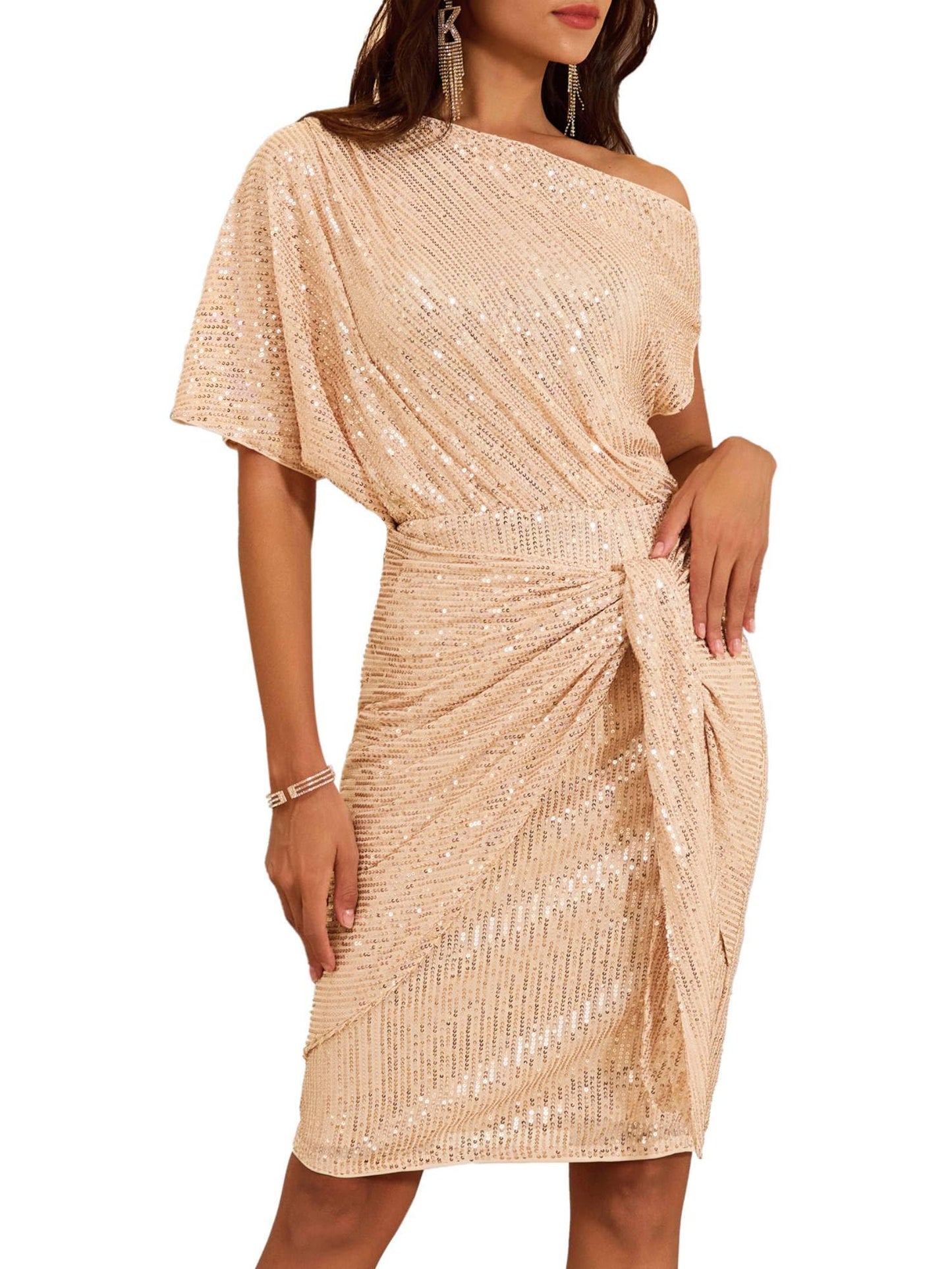 Damen schulterfreies Pailletten-Bodycon-Kleid (2 kaufen, kostenloser Versand)